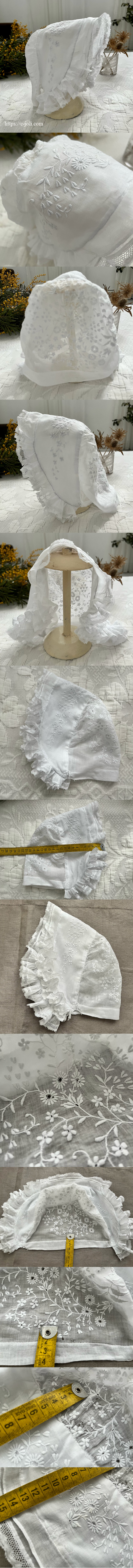 パリ発送】E1180 フランスアンティークレース＆手刺繍ボネ ホワイト