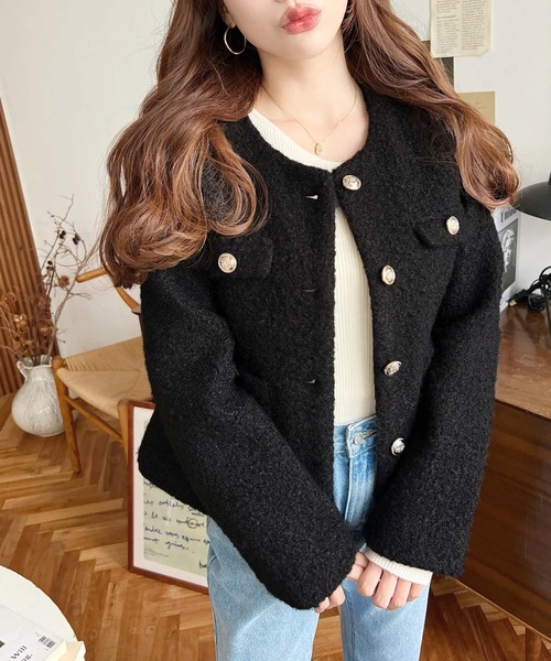 セール】フェイクリングウール金ボタンノーカラージャケット（ノー