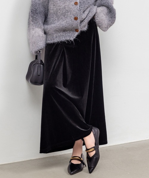 ロング丈/ゴム入り】艶やかな光沢で大人の華やぎ魅せ。Aライン ベロア