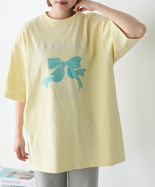 forksy.】オーバーサイズリボン箔プリントデザインTシャツ forksy