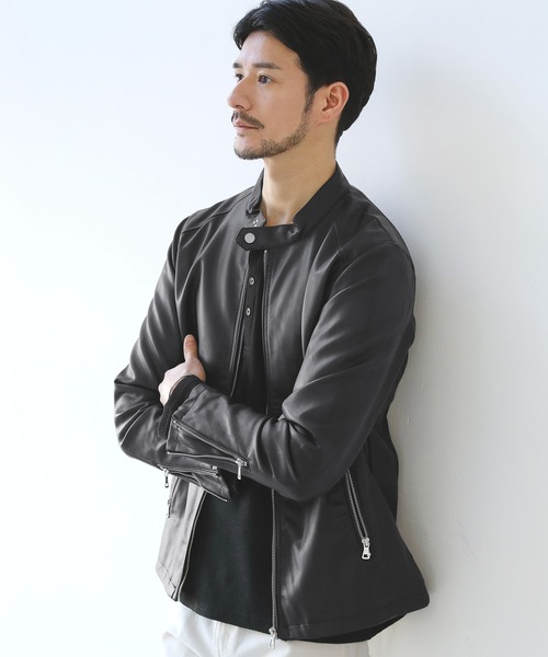 リアルタッチスムースPUレザーライダースジャケット（ライダース