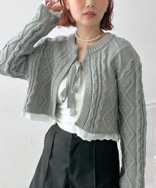 セール】裾フリル付きフロントリボンカーディガン（カーディガン