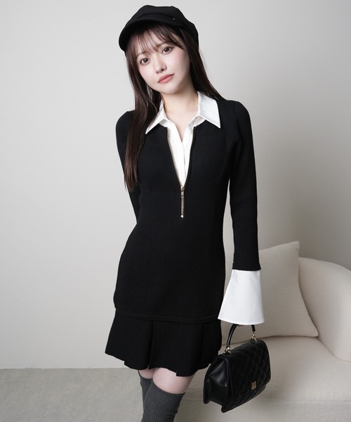 セール】フロントZIPニットプリーツワンピース（ワンピース