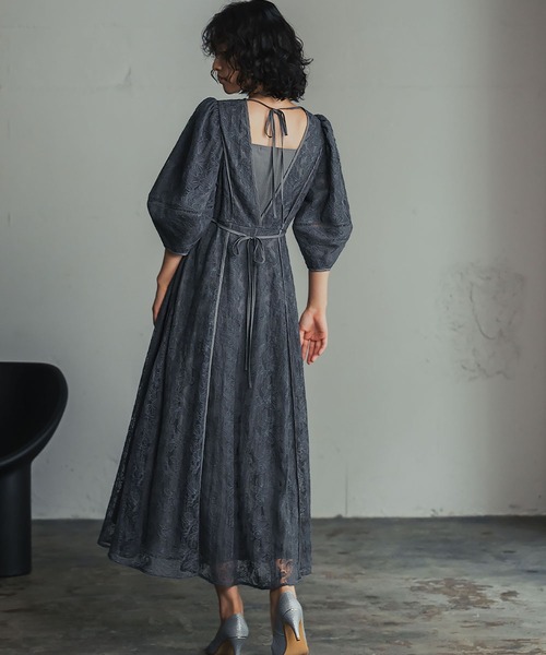 セール】[大きいサイズ（S～4L）]パフスリーブ総レース フレア ロング