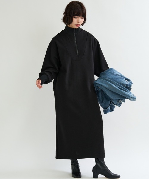 セール】ハーフジップ ダンボールニット ロングワンピース（ワンピース