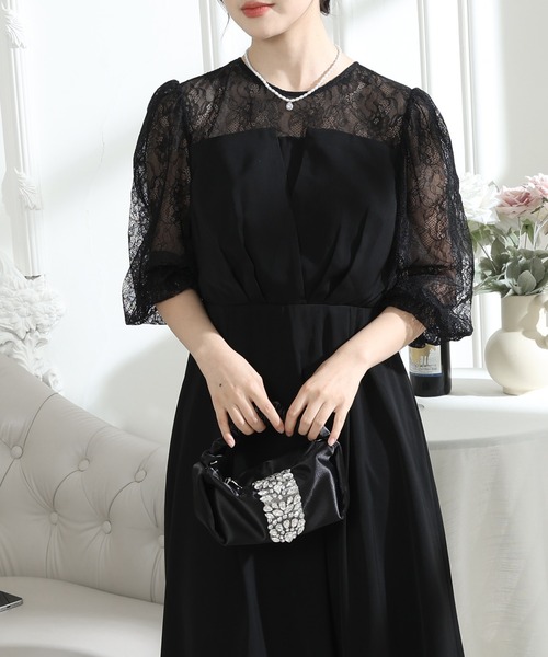 ビスチェ風 レース 切り替え 6分袖 ワンピース（ドレス）｜Lace Ladies