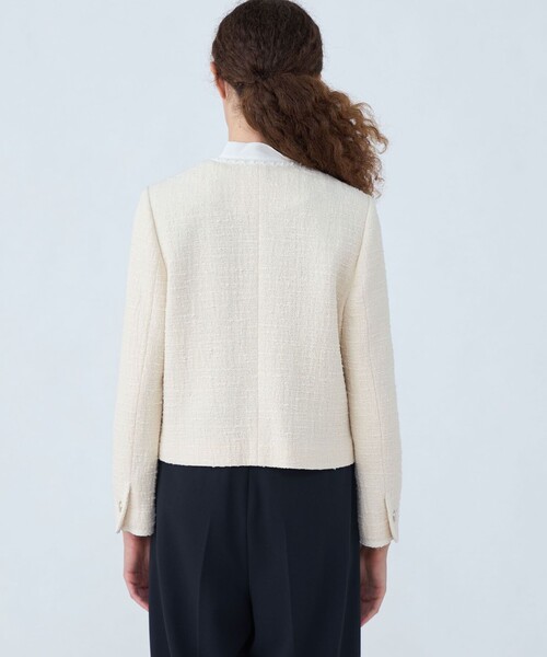 セール】スラブコットンツイード Vクルーネックジャケット（ノーカラー