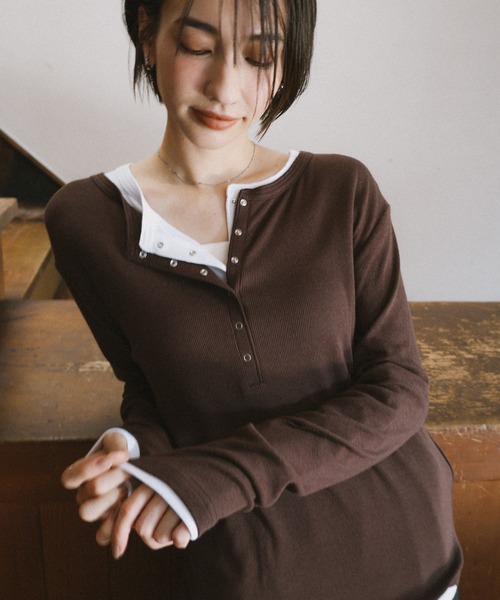 セール】テレコリブヘンリーネック長袖Tシャツ（Tシャツ/カットソー