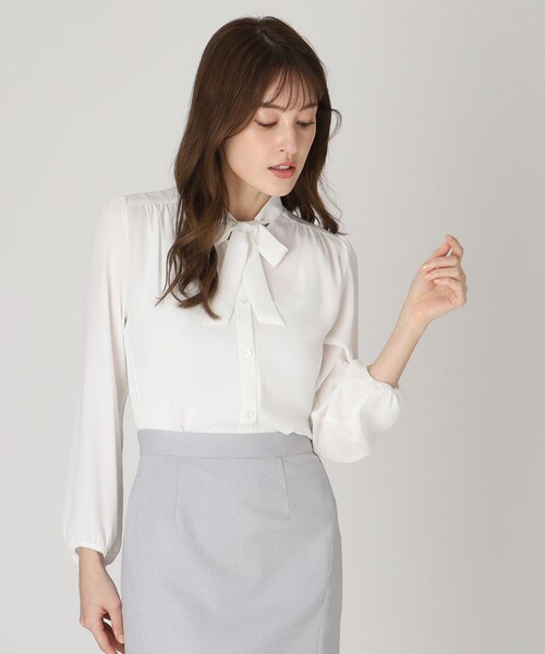 洗える／日本製】女性らしい細ボウタイブラウス（シャツ/ブラウス