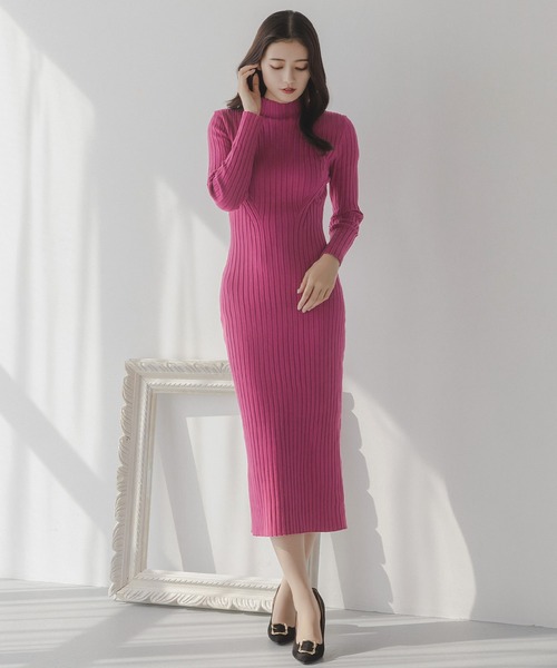 ロング丈 ハイネック ニットタイトワンピース（ワンピース）｜JULIA