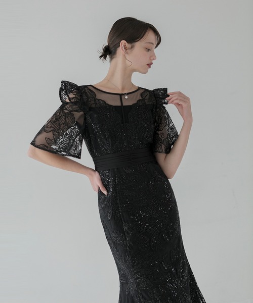 セール】【LEJA】フラワーレースシアーフリルマーメイドドレス