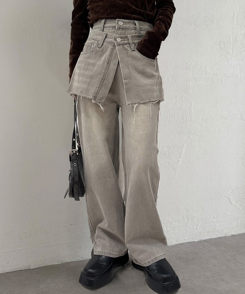 セール】[3サイズ展開][全骨格美脚見え]スカートレイヤード風ワイド