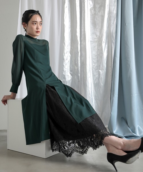 Callarus〕裾スリットレースデザインロング丈ワンピースドレス（ドレス