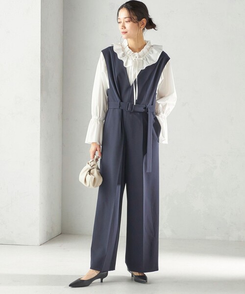 手洗い可能〉ダブル クロス Vネック ベルト付 オールインワン