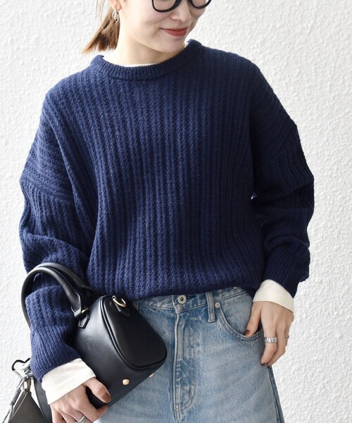 セール】SHIPS any: リブ タック編み クルーネック ボタン ニット プル