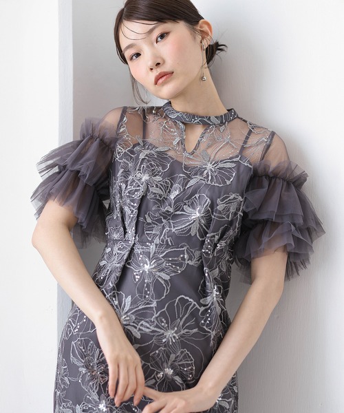 セール】チュールフリルスリーブ スパンコール 刺繍レース パーティー