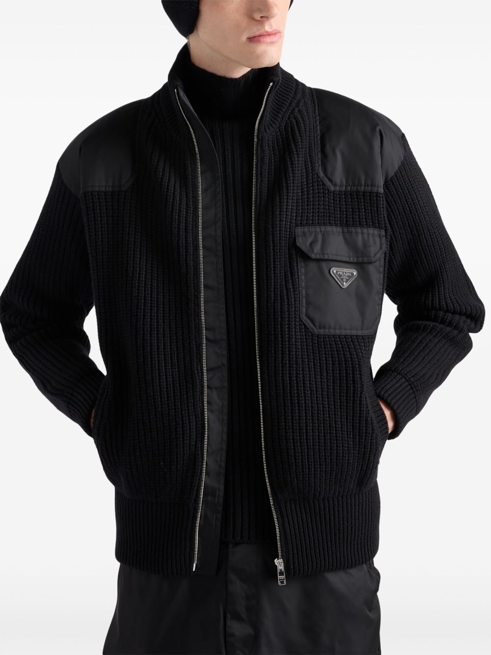 Prada zip-up Ribbed Knit Cardigan | Black | FARFETCH