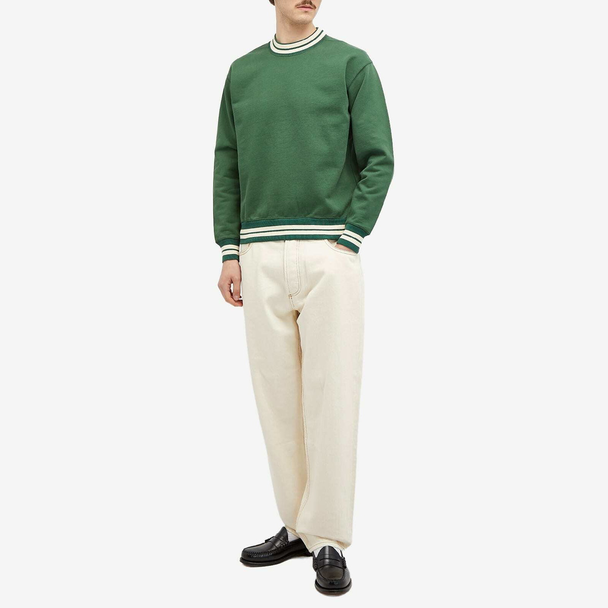 Drake's Men's Striped Rib Crew Sweatshirt in Green/Ecru Drake's