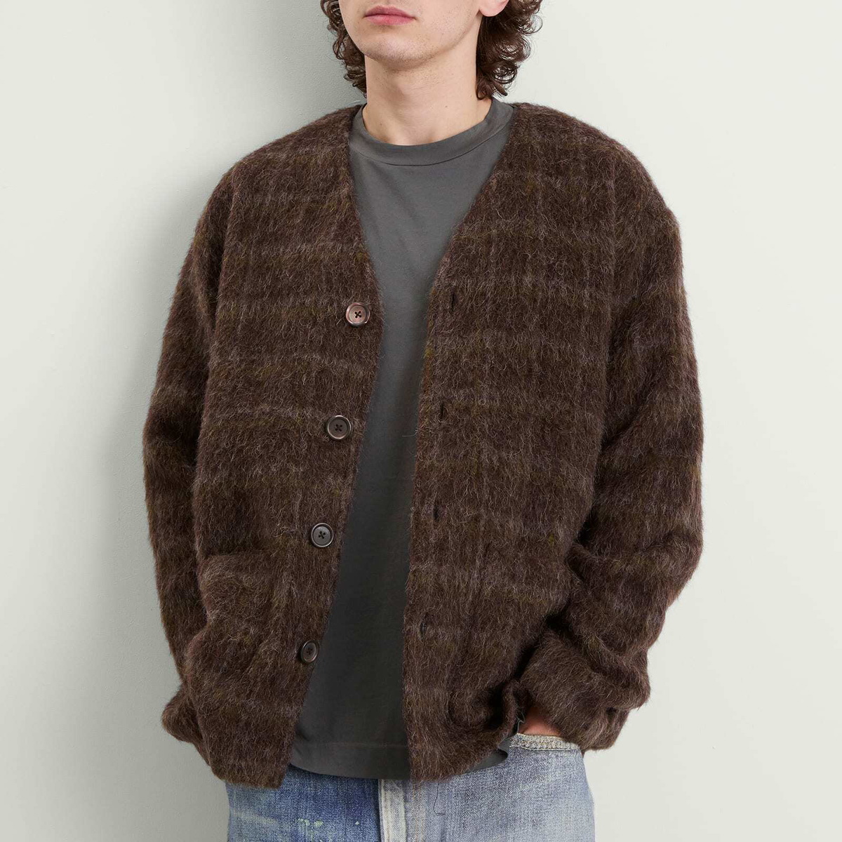 Our Legacy Men's Mohair Cardigan in Dorf Check Hairy Wool Our Legacy