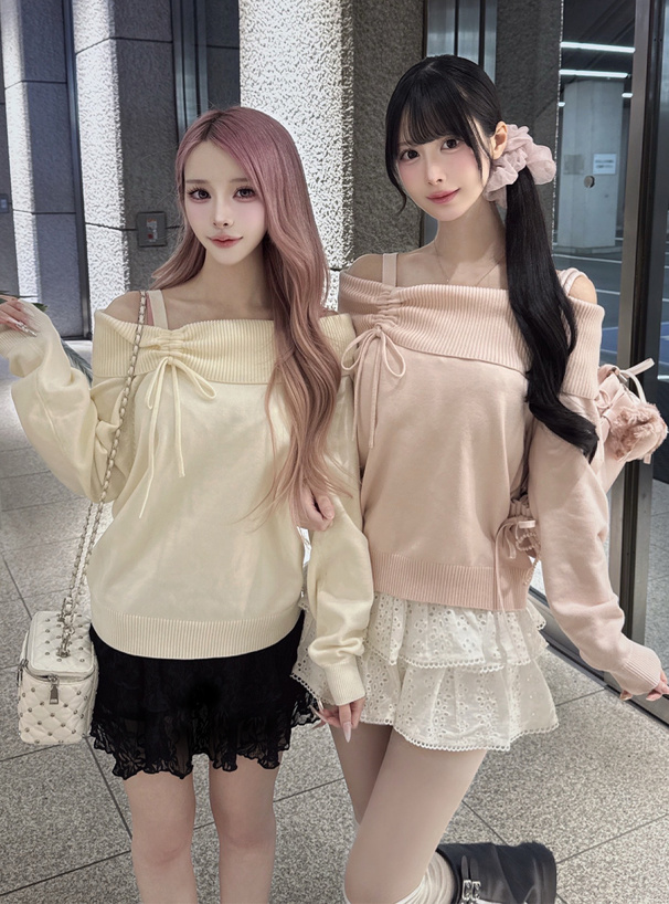 ドロストリボンオフショルダーニットトップス[fu320] | レディース