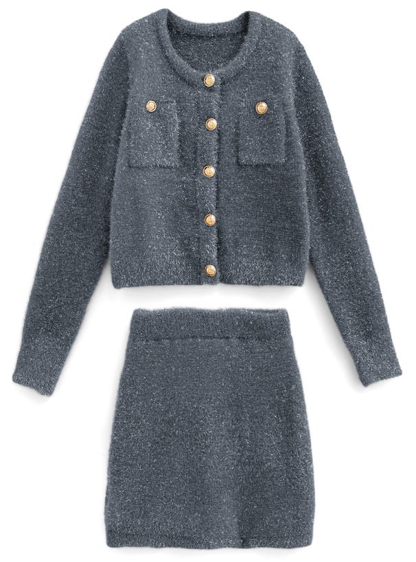 ラメフェザーニットカーディガン×ミニスカートセットアップ[kz617