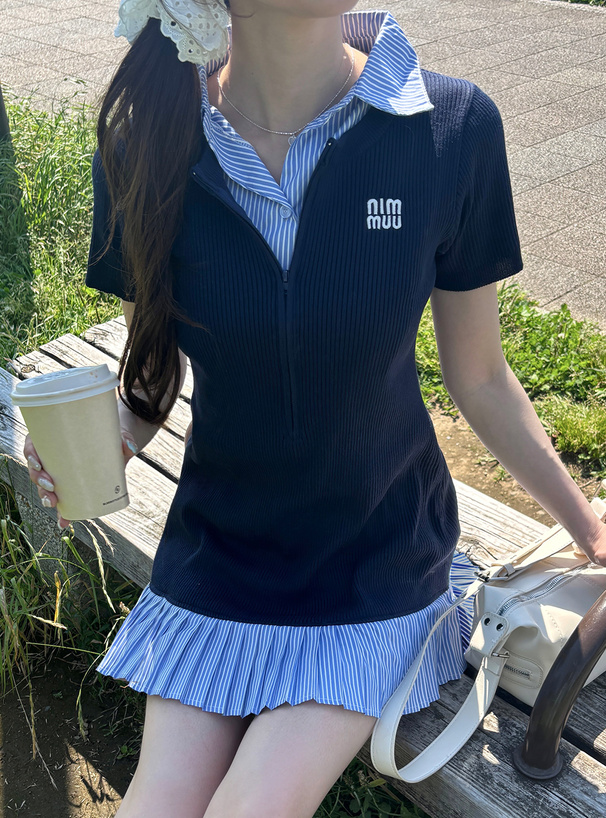 ストライプ柄襟付プリーツニットミニワンピース[kz675] | レディース