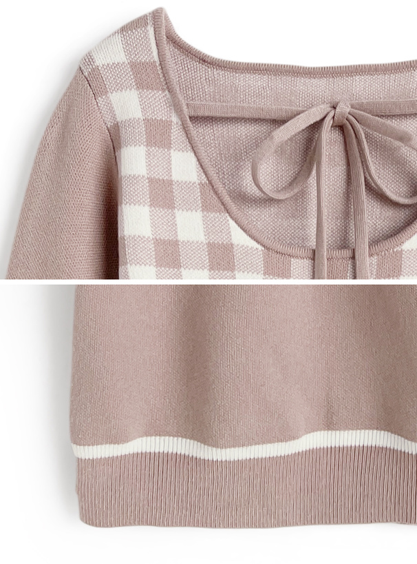 ギンガムチェック柄配色ラインニットミニワンピース[ru1353