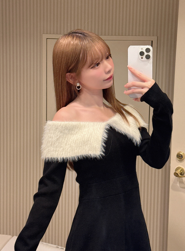 フェザーオフショルカラーフレアニットミニワンピース[tu1276