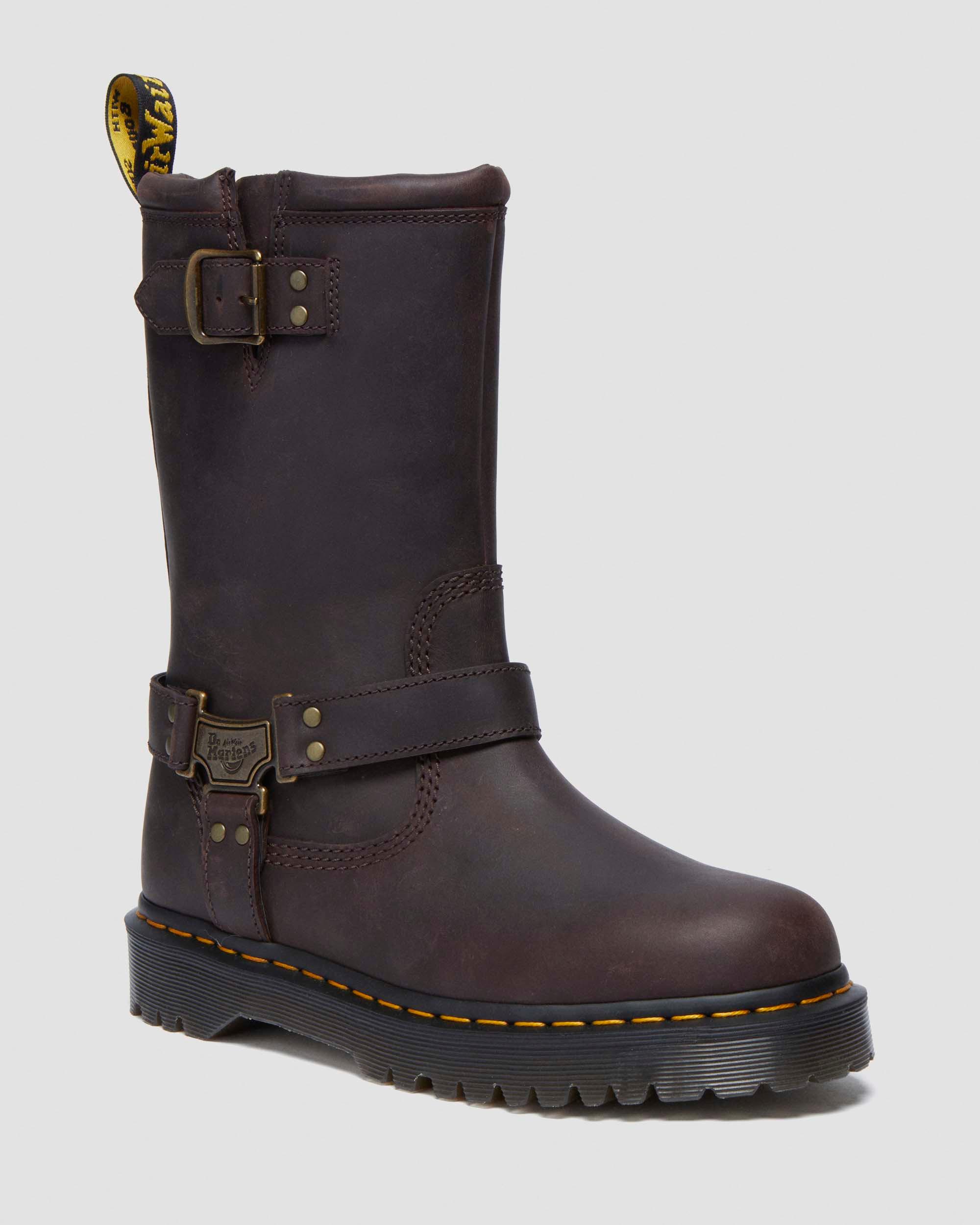 Anistone Lo Leather Biker Boots in Dark Brown | Dr. Martens