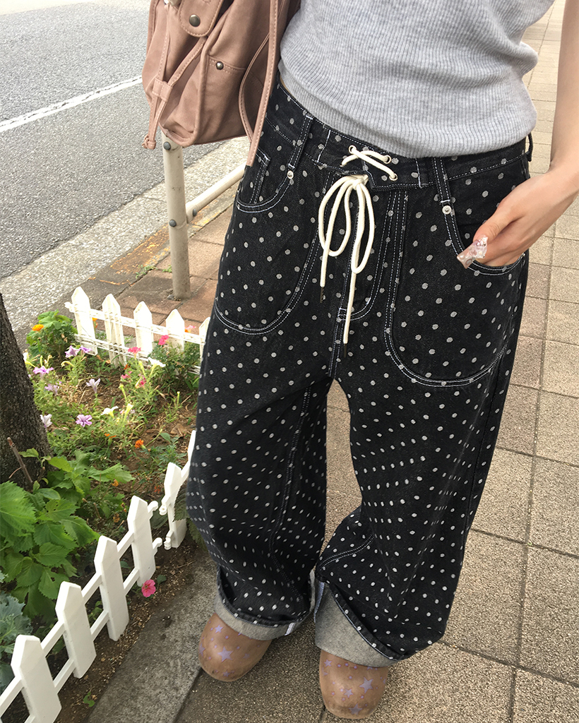 Fancy Club X haku] String Dot Roll-Up Pants (Black) F25QD890