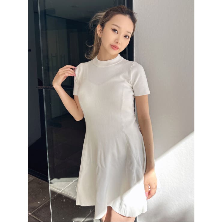 ボトルネック ハーフスリーブニット フレアワンピース[品番