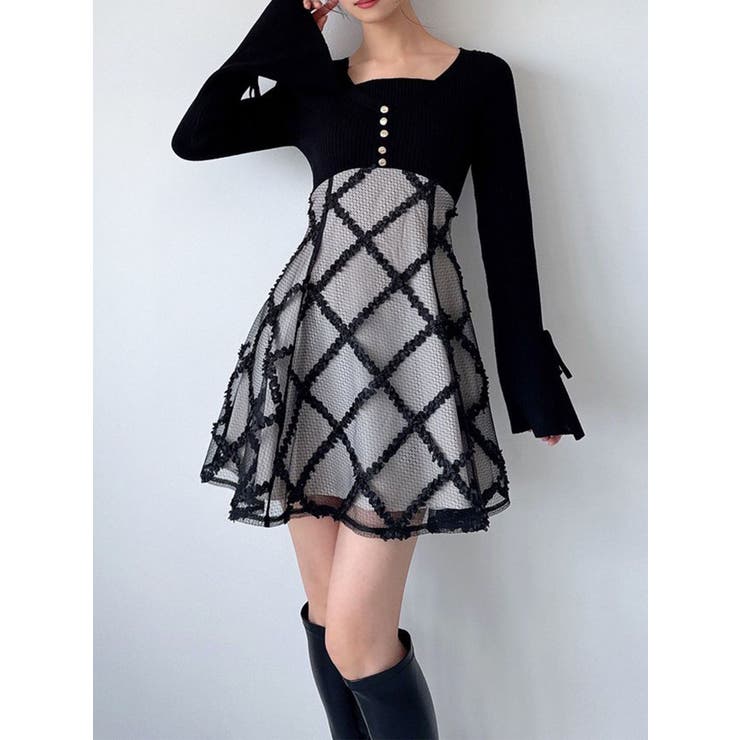 追加生産分】ドッキングフレアミニニットワンピース[品番：MKSW0068929