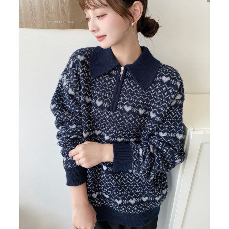 ノルディック柄ダブルジャガードハーフジップポロニットプルオーバー