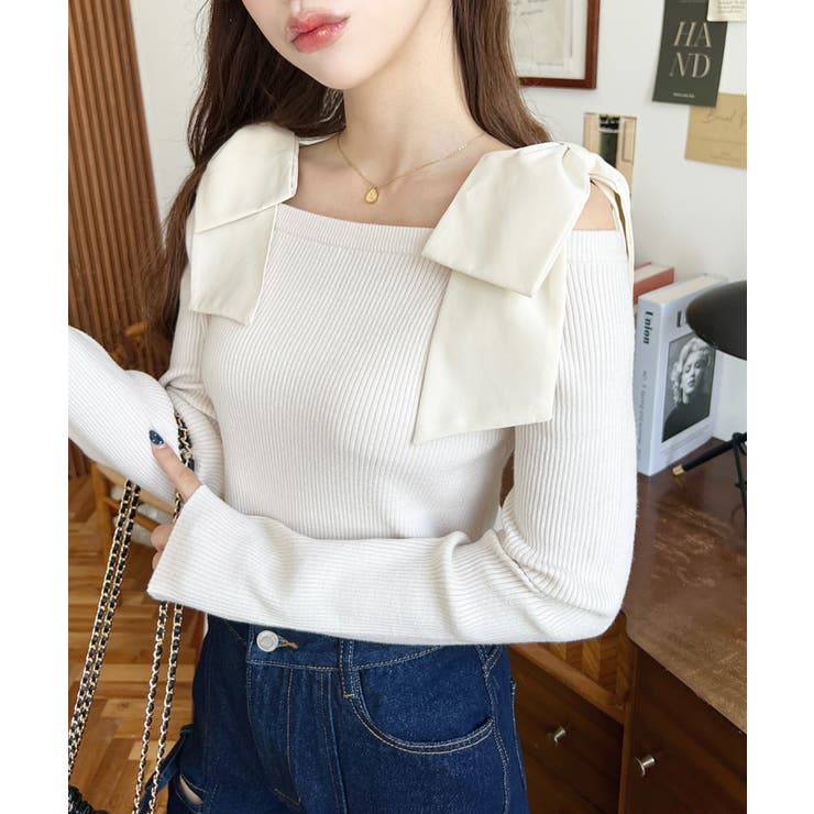 リボンストラップ2WAYオフショルニットトップス[品番：ERMW0004217