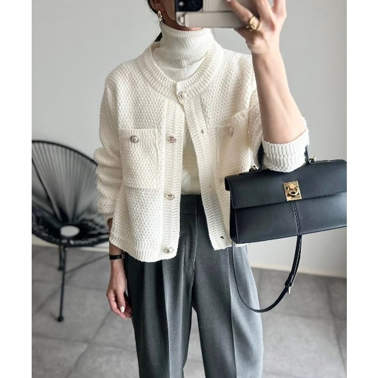 ゴールドボタンツイード風ニットカーディガン[品番：ORGW0000688]｜Ada