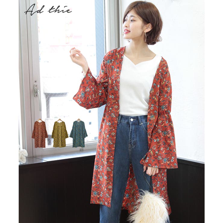 花柄カーディガン レトロ ロング リボン フレアスリーブ[品番