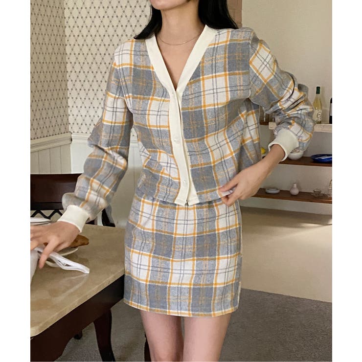 チェックカーディガンスカートセットアップ[品番：FROW0000847]｜by