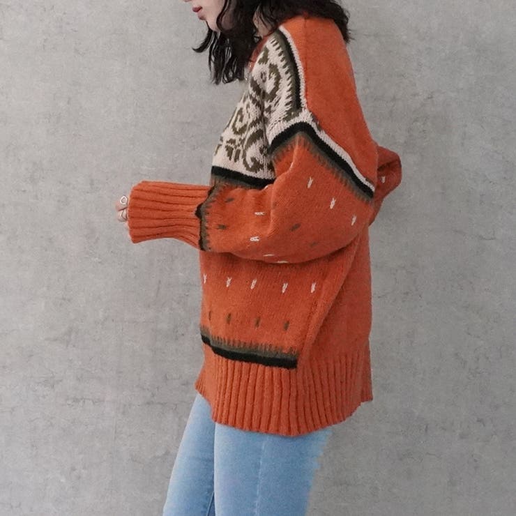 ノルディック柄ニット プルオーバー トップス 長袖 秋冬[品番