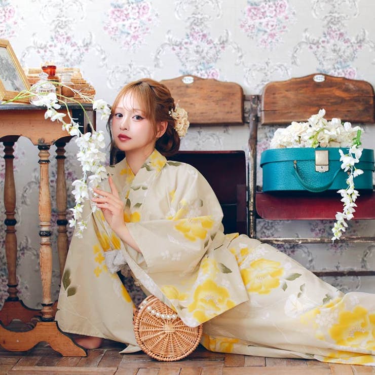 レトロモダン黄色芙蓉柄浴衣【2025年新作 YUKATA by[品番：DY000032127
