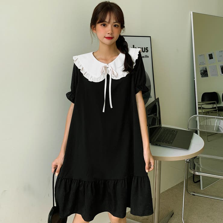 フリル配色襟付半袖ワンピース 春夏新作 韓国ファッション[品番