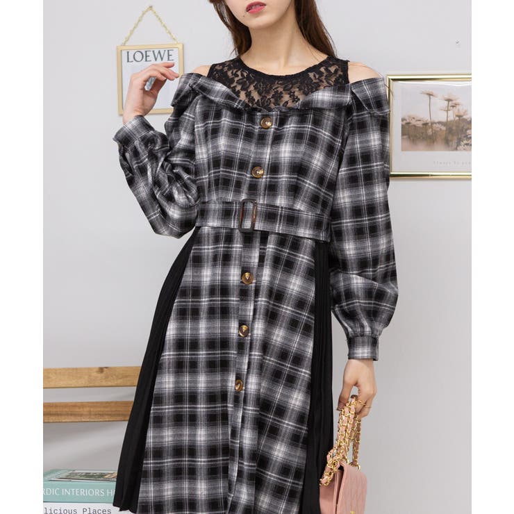 レースレイヤード サイドプリーツ チェック柄 ワンピース[品番