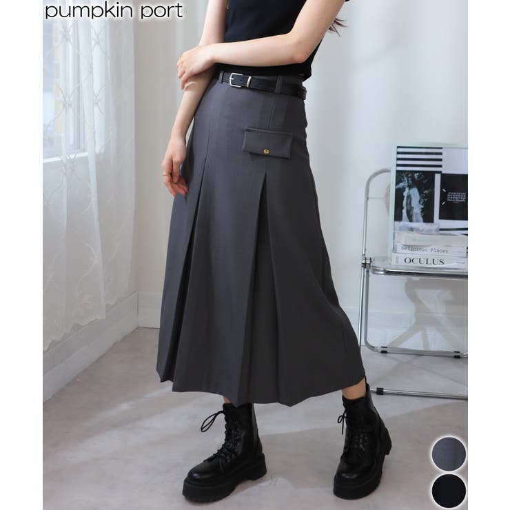 ベルトセット ボックスプリーツ ロングスカート[品番：PPNW0004943