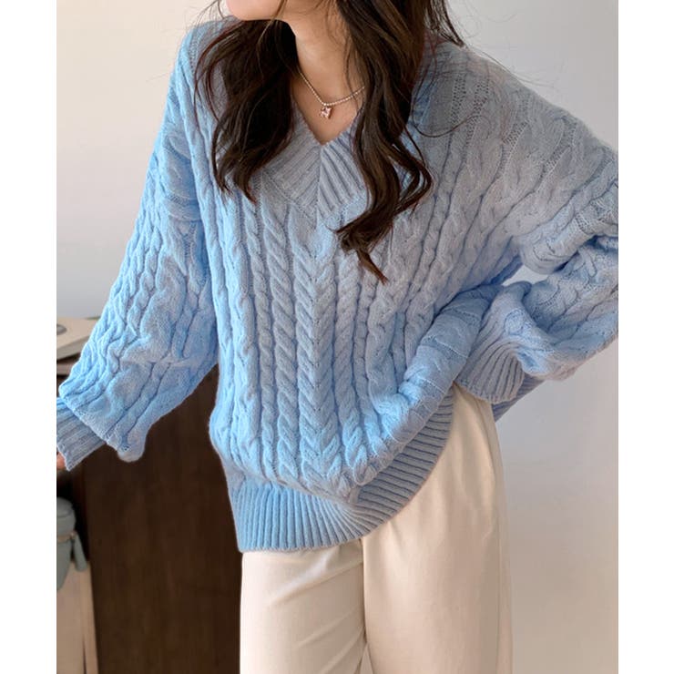 ケーブル編みVネックニット セーター ケーブル編みニット[品番