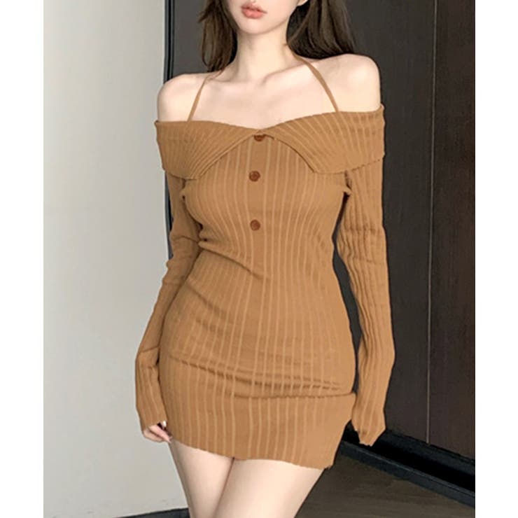 オフショルリブミニワンピース オフショルダー ホルターネック[品番