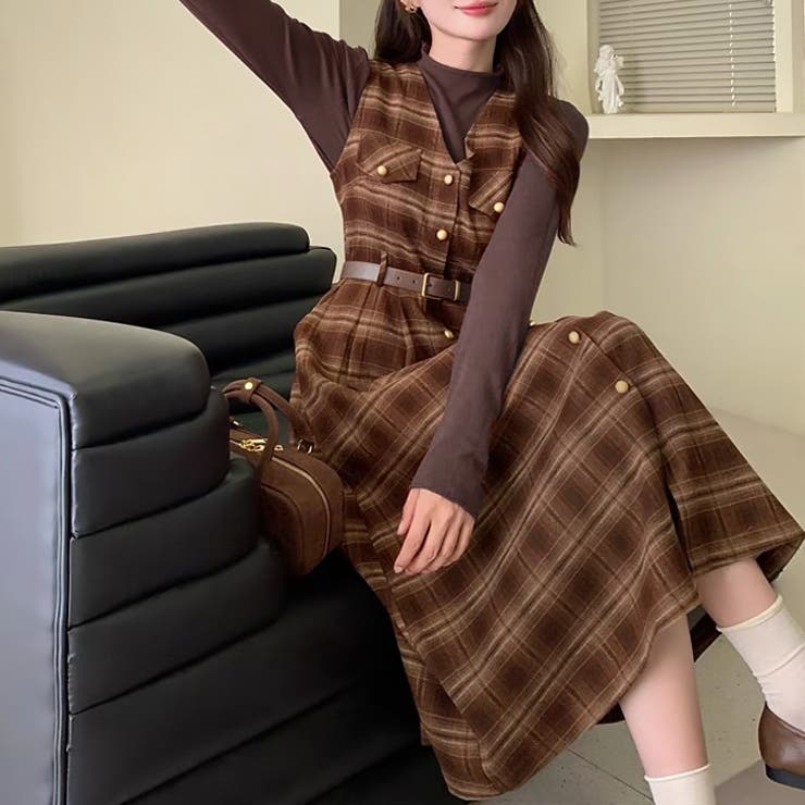 17433】トップス＆チェックロングワンピースSET [品番：ASHW0001564