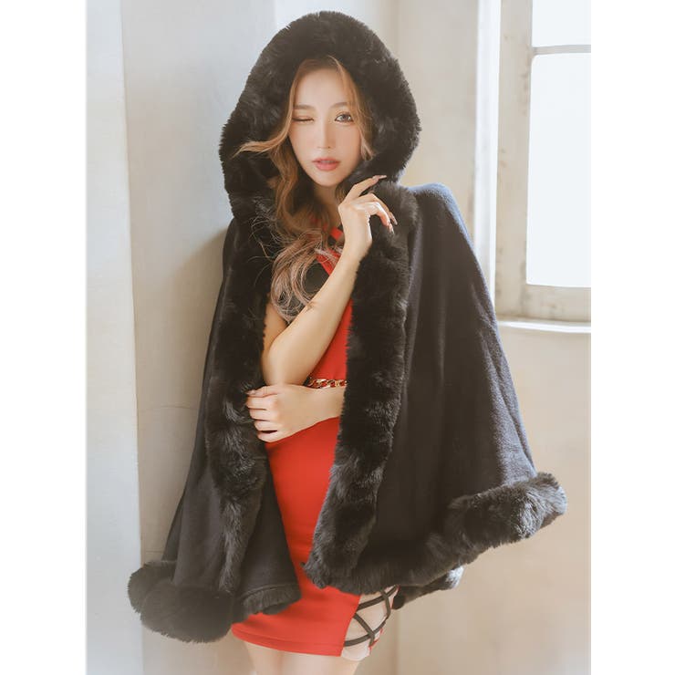 フード付きフェイクファー大判ケープショール 羽織物 アウター[品番