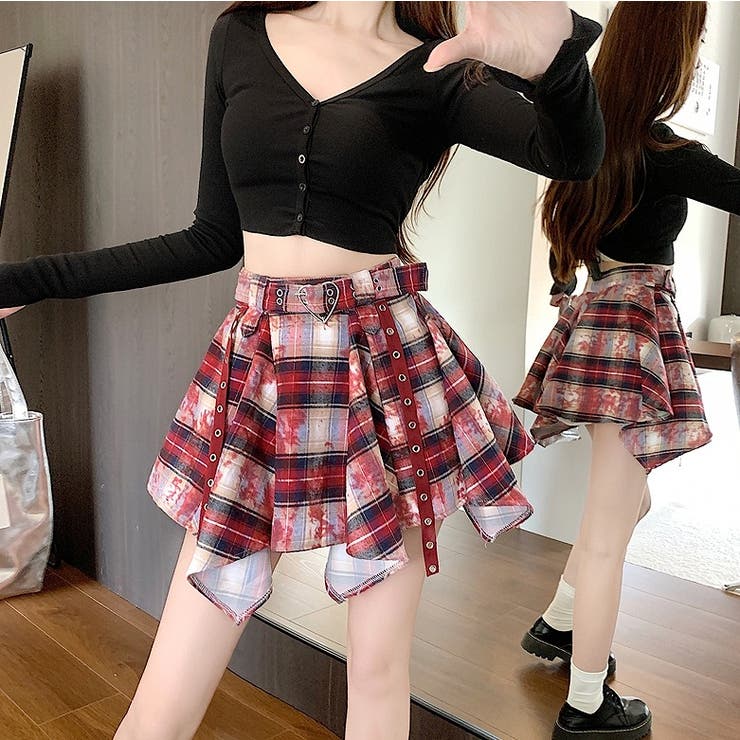 デザインハイウエストチェック柄ジップ付きショートスカート[品番