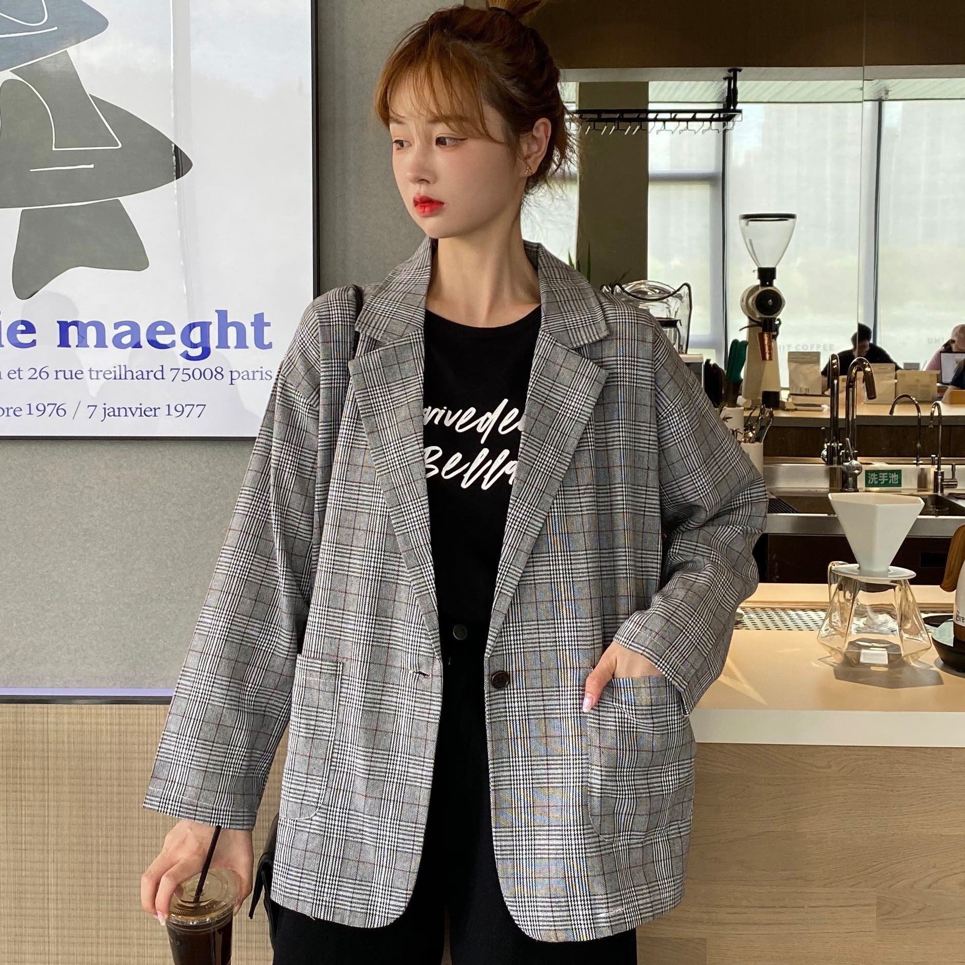 チェック柄薄手長袖テーラードジャケット 秋冬新作 韓国ファッション