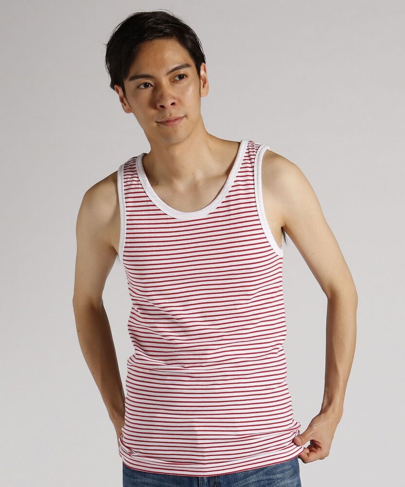 綿100%】天竺ボーダータンクトップ メンズ(S ネイビー＊ホワイト