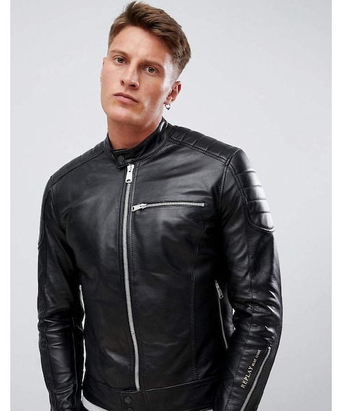 REPLAY（リプレイ）の「Replay leather biker jacket in black